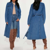 Fashion Long Sleeve POLO Collar Long-style Denim Windbreaker Coat