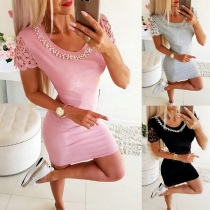 Fashion Bead Round Neck Lace Spliced Cap Sleeve Bodycon Dress
