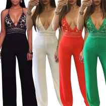Sexy Backless Deep V-neck High Waist Lace Spliced Sling Jumpsuit