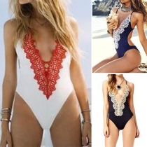 Sexy Backless Deep V-neck Lace Spliced One-piece Swimsuit
