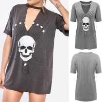 Fashion Skull Head Printed Short Sleeve V-neck T-shirt Dress