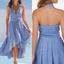 Sexy Backless Deep V-neck Irregular Hem Halter Striped Dress