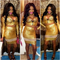 Sexy Gold-tone Hollow Out V-neck Long Sleeve Two-piece Dress