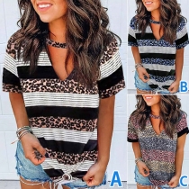 Casual Style Short Sleeve V-neck Leopard Striped Printed Loose T-shirt