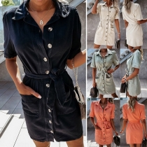 OL Style Short Sleeve POLO Collar Single-breasted Solid Color Slim Fit Shirt Dress