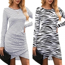 Fashion Long Sleeve Round Neck Irregular Hem Striped Dress