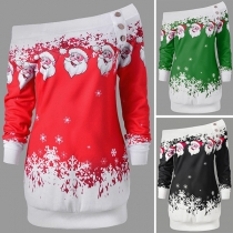 Sexy Oblique Shoulder Long Sleeve Slim Fit Santa Claus Printed Dress