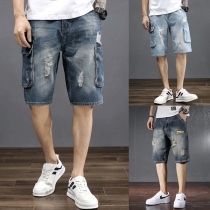 Fashion Middle-waist Side-pocket Man's Knee-length Denim Shorts