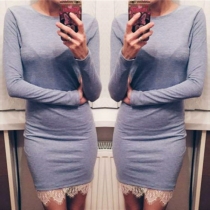 Fashion Solid Color Long Sleeve Round Neck Lace Spliced Hem Slim Fit Dress