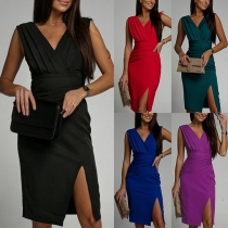 Elegant Solid Color Sleeveless V-neck Slim Fit Wrinkled Dress