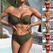 Sexy Solid Color Ruched Bikini Set Consist of Strapless Swimming Top and Swimming Bottom