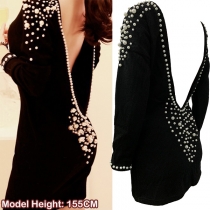 Luxury Boat Neck Faux Pearl Embellished Backless Long Sleeve Black Over Hip Club Dress