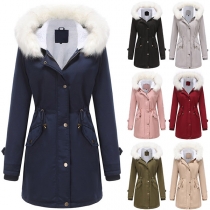 Fashion Solid Color Long Sleeve Drawstring Waist Artificial Leather Fur Spliced Hooded Jacket
