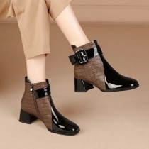 Short Boots with Checkered Square Toe and Block Heel