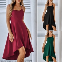 Elegant Solid Color Sleeveless Round Neck High-low Hem Dress