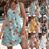 Casual Floral Printed Round Neck Sleeveless Mini Dress