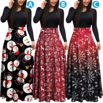 Fashion Round Neck Long Sleeve Contrast Color Maxi Christmas Dress