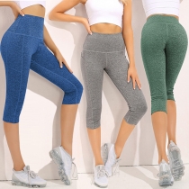 Simple Style Solid Color High Waist Sports Knee-length Leggings Pants