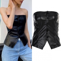 Sexy Strapless Front-button Solid Color Slim Fit PU Leather Top