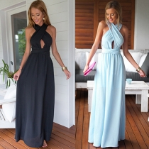 Sexy Backless Deep V-neck Sleeveless Solid Color Maxi Dress