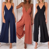 Sexy Backless Deep V-neck High Waist Wide-leg Sling Jumpsuit 