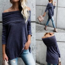 Sexy Off-shoulder Boat Neck Long Sleeve Hooded High-low Hem T-shirt