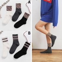 Fashion Leopard Spliced Breathable Socks 3 Pairs/set