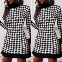 Fashion Houndstooth Printed Mock Neck  Long Sleeve Bodycon Dress