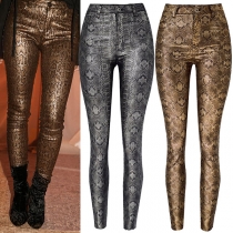 Fashion High Waist Serpentine Printed Artificial Leather PU Skinny Pants