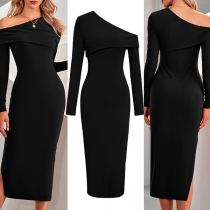 Sexy Solid Color One-shoulder Long Sleeve Slit Knitted Bodycon Dress