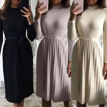 Fashion Solid Color Long Sleeve Mock Neck Pleated Hem Tie-belt Dress