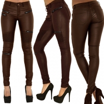 Fashion Solid Color Spliced Multiplayer Zipper PU Slim Fit Pants