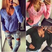 Sexy Solid Color Deep V-neck Long Sleeve Hollow Out Knit Sweater