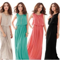 Fashionable and Elegant Style Scoop Neck Sleeveless Solid Color Bohemian Chiffon Maxi Dress For Women