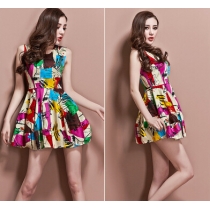 Multicolor Sleeveless Graffiti Print Flare Short Dress