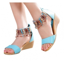 Rome Style Folk Style Beaded Fringed Blue Sandals