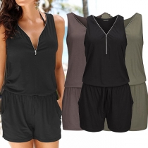 Fashion Solid Color Sleeveless Zipper V-neck Romper