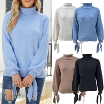 Fashion Solid Color Turtleneck Self-tie Long Sleeve Sweater
