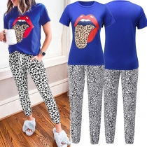 Fashion Leopard Printed Short Sleeve T-shirt + Pants Two-piece Set