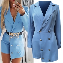 Elegant Notch Lapel Double-breasted Long Sleeve Romper (without Belt)