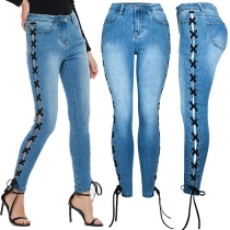 Street Fashion Side Lace-up Old-washed Skinny Denim Jeans