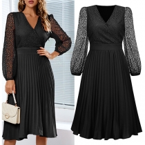 Fashion Lace Spliced V-neck Long Sleeve Pleated Dress
