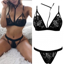 Sexy Hollow Out Solid Color Lace Bra Set Lingerie