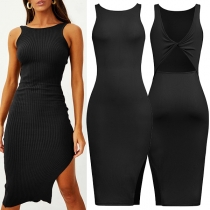 Fashion Solid Color Round Neck Sleeveless Backless Slit Bodycon Ribbed Dress