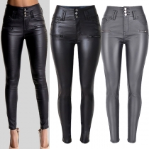 Fashion High-Waist Slim Fit Stretch PU Artificial Leather Gray Pants