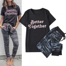 Simple Style Letters Camouflage Printed T-shirt + Pants Home-wear Set