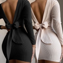 Sexy Bow-knot Backless Long Sleeve Solid Color Slim Fit Dress