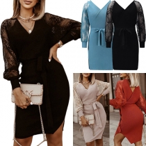 Sexy Lace Spliced Long Sleeve V-neck Slit Hem Tie-belt Slim Fit Knit Dress