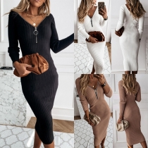 Sexy Zipper V-neck Long Sleeve Solid Color Slim Fit Knit Dress