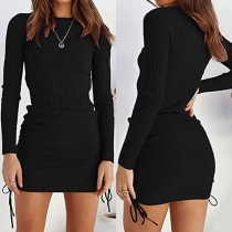 Fashion Solid Color Round Neck Long Sleeve Side Drawstring Bodycon Dress